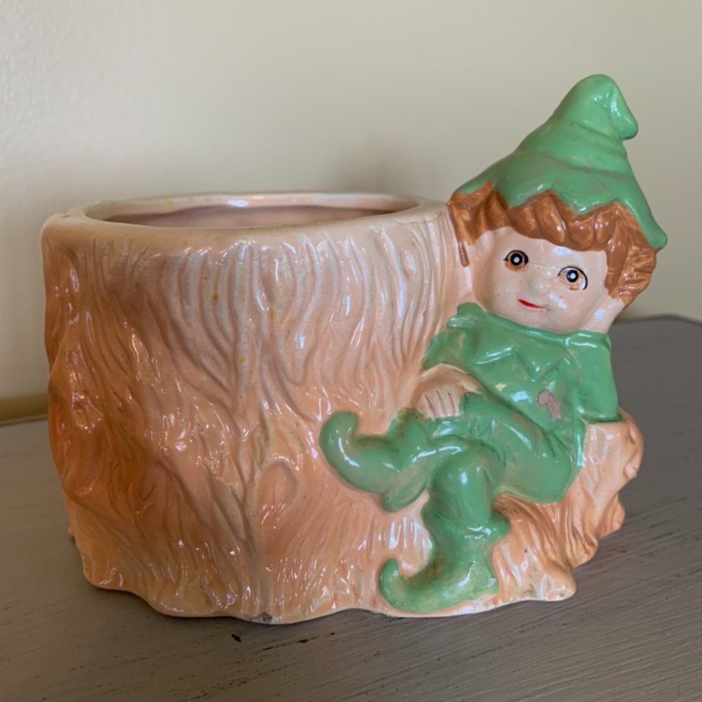 Vintage Ceramic Green Pixie Elf on Tree Stump Small Planter Made In Tawain Japan